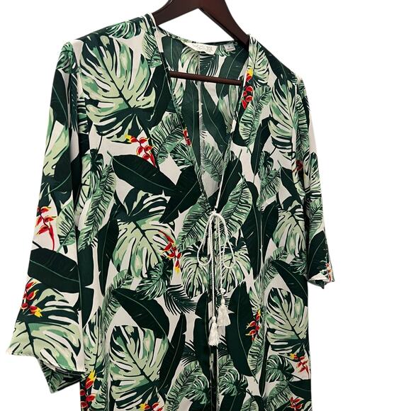 Rachel Zoe Swim Coverup Duster Green White Tropical Palm Print One Size - Picture 3 of 12